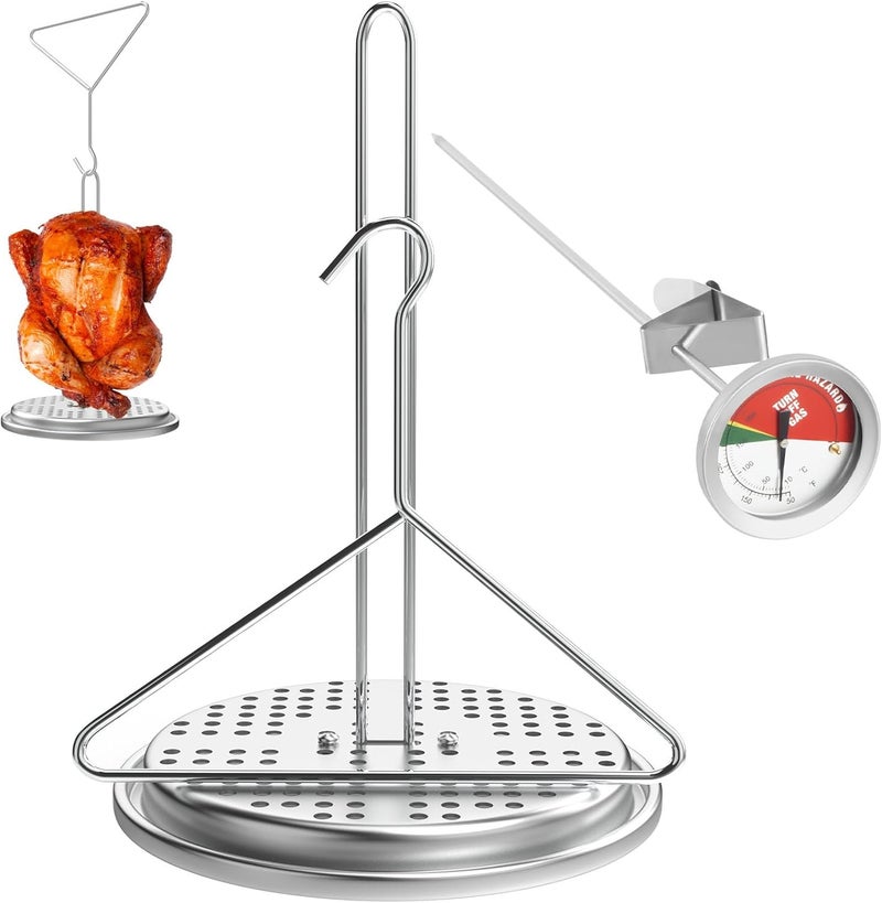 BBQ-PLUS Turkey Chicken Poultry Deep Frying Rack and Handle Lifter Hook for Deep Fry Pot Grill, Turkey Frying Stand Kits and Turkey Fryer Thermometer with Pot Clip for Turkey Chicken Fryer Accessories - Image 1